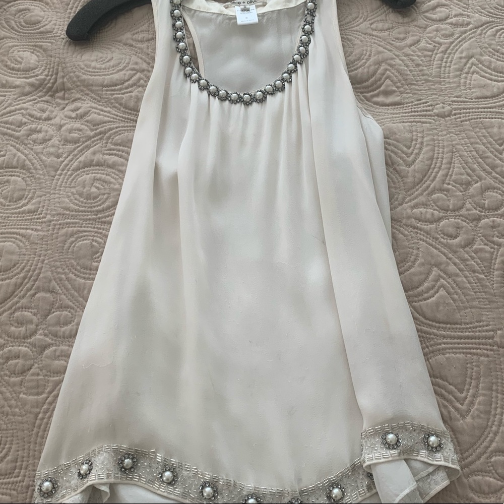 Alice + Olivia cream satin blouse w/ pearl detail